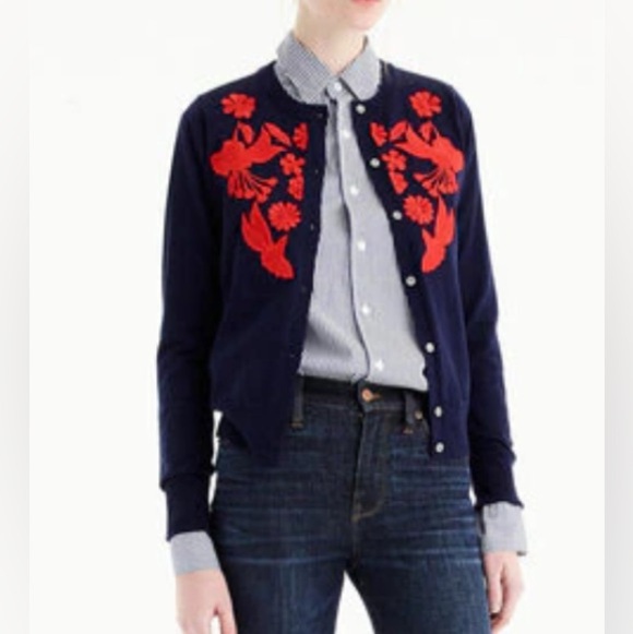 J. Crew Sweaters - J Crew Women's Navy Button Cardigan Red Floral Embroidery 100%Merino Wool Size M